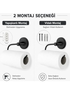 Lotus Siyah Kağıt Havluluk, Yapışkanlı ve Vidalı Montajlı Rulo Havlu Askısı, Mat Siyah Statik Boyama, 35 mm Oval Bantlı Mutfak ve Banyo Kağıt Havlu Tutucu