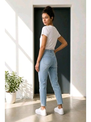 Hies Yüksek Bel Buz Mavi Likralı Mom Jean
