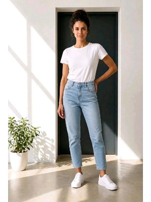 Hies Yüksek Bel Buz Mavi Likralı Mom Jean