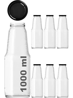 1000 ml Şeffaf Meyve Suyu Şişesi, Meşrubat, Limonata Şişesi Metal Kapaklı 1000 cc Boş Cam Şişe (6, Siyah Kapak, 1000, Mililitre)
