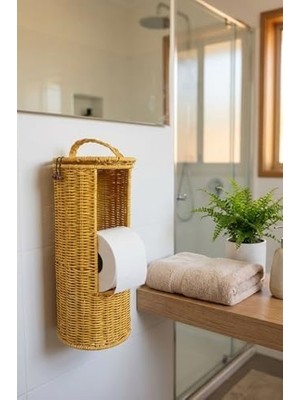 Hasır Görünümlü Plastik Rattan Tuvalet Kağıdı Standı, Askılı Kapaklı Wc Kağıtlık, Yedekli Banyo Organizer, 37X17 cm