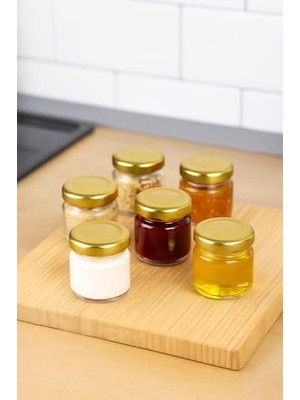 6 Adet 40 ml Gold Metal Kapaklı Şeffaf Numune Mama Ek Gıda Şekerleme Reçellik Küçük Cam Kavanoz