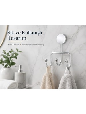 Iris Krom Kaplama Üçlü Askılık, Yapışkanlı ve Vidalı Montajlı Duvar Askısı, 35 mm Oval Bantlı Banyo Mutfak Antre Askısı