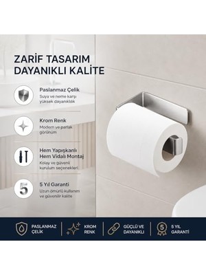 Paslanmaz Çelik Lamalı Tuvalet Kağıtlığı, Krom Renk Wc Kağıt Askılığı, Hem Yapışkanlı Hem Vidalı Montajlı, Açık Uç Tasarımlı Banyo Kağıtlık, 5 Yıl Garantili