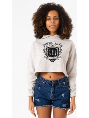 Tshirthane Hocus Pocus University Beyaz Kırçıllı Kadın Crop Kapşonlu