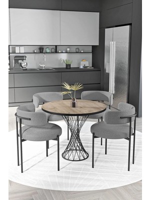 Trendy Asel Metal Teddy Sandalye 90X90 Yuvarlak Hasır Ayak Mutfak Masası Takımı Yemek Masası Takımı