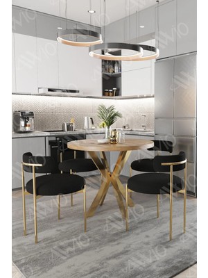 Trendy Asel Viola Mat Gold Ayak 4'lü Teddy Sandalye 90X90 Masa Sandalye Takımı