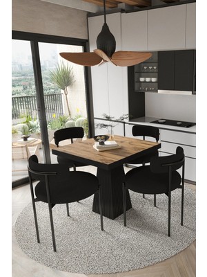 Trendy Asel Lago Siyah Lake Mdf Ayak 80X80 Yemek Masası Mutfak Masası 4 Kişilik Masa Takımı Teddy Sandalye