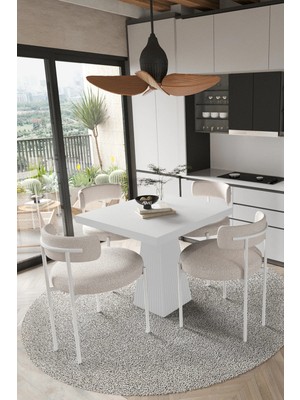 Trendy Asel Mayer  Beyaz Lake Mdf Ayak  90X90 Yemek Masası Mutfak Masası 4 Kişilik Masa Takımı Teddy Sandalye