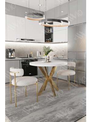 Trendy Asel Lena Serisi Teddy Sandalye 90X90 Yuvarlak Yemek Masası Mutfak Masası 2 Kişilik Masa Sandalye Takımı