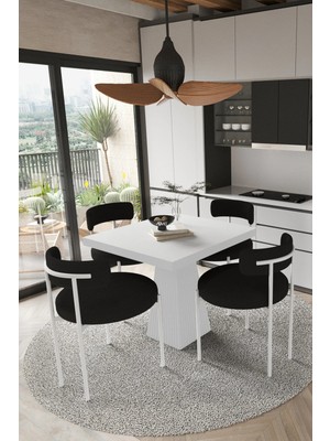 Trendy Asel Milena  Beyaz Lake Mdf Ayak  90X90 Yemek Masası Mutfak Masası 4 Kişilik Masa Takımı Teddy Sandalye