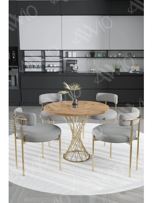 Trendy Asel Tiny Mat Gold Teddy Sandalye 90X90 Yuvarlak Yemek Masası Mutfak Masası  Masa Sandalye Takımı