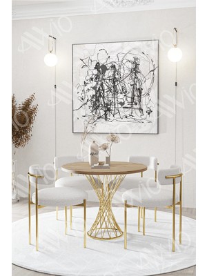 Trendy Asel Lisa Mat Gold Teddy Sandalye 90X90 Yuvarlak Yemek Masası Mutfak Masası  Masa Sandalye Takımı