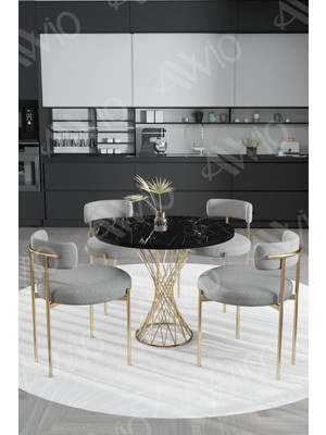 Trendy Asel Tiny Mat Gold Teddy Sandalye 90X90 Yuvarlak Yemek Masası Mutfak Masası  Masa Sandalye Takımı