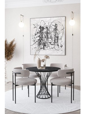 Trendy Asel Metal Teddy Sandalye 90X90 Yuvarlak Kum Saati Ayak Mutfak Masası Takımı Yemek Masası Takımı