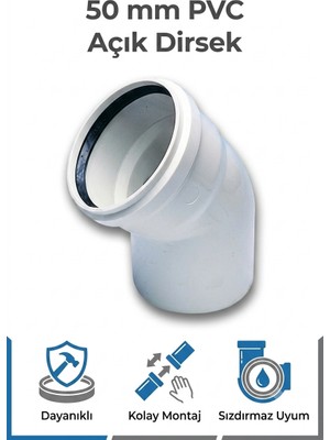 Primeaks 50 mm Pvc Açık Dirsek Gri Atık Su Gider Boru Bağlantı Parçası Dayanıklı Pvc
