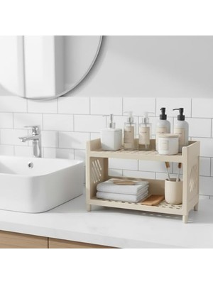 Çok Amaçlı 2 Katlı Organizer Raf – Bej Plastik Düzenleyici Stand – Banyo, Mutfak, Masaüstü ve Ofis Için – 25 x 18 cm