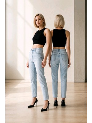 Hies Buz Mavisi Mom Jeans,yüksek Bel Likralı Esnek Kadın Mom Kot Pantolon