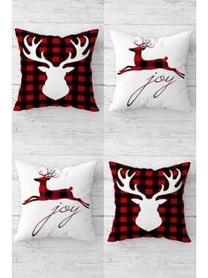 Yılbaşı Christmas Geyik Desen Gizli Fermuarlı Kırlent Kılıfı Koltuk Yastık Kılıfı TAKIM(4ADET), Kırmızı-Beyaz-Siyah 45 x 45