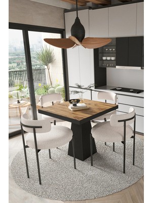 Trendy Asel Lago Siyah Lake Mdf Ayak 80X80 Yemek Masası Mutfak Masası 4 Kişilik Masa Takımı Teddy Sandalye