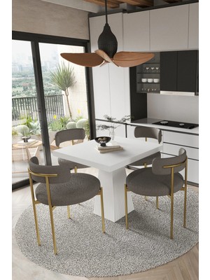 Trendy Asel Arona  Beyaz Lake Mdf Ayak  90X90 Yemek Masası Mutfak Masası 4 Kişilik Masa Takımı Teddy Sandalye