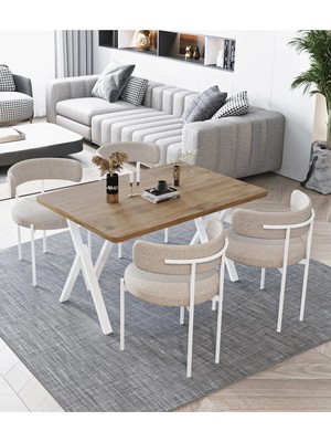 Trendy Asel Beyaz Teddy Sandalye 80X120 Yemek Masası Mutfak Masası 4 Kişilik Masa Sandalye Takımı