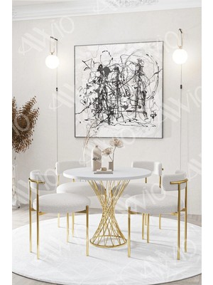 Trendy Asel Lisa Mat Gold Teddy Sandalye 90X90 Yuvarlak Yemek Masası Mutfak Masası  Masa Sandalye Takımı