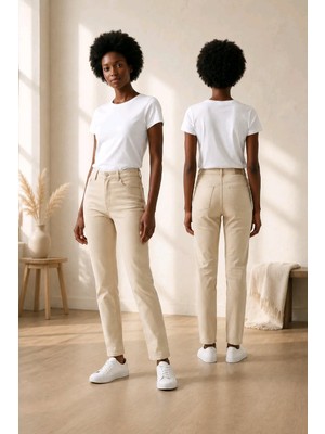 Hies Krem Mom Jeans,yüksek Bel Likralı Esnek Kadın Mom Kot Pantolon