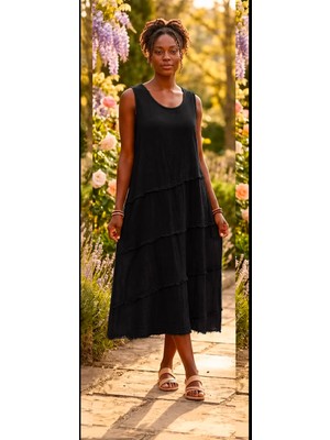 Musimino Moda %100 Pamuk Müslin Kolsuz Katlı Kadın Elbise – Bohem Yazlık Maxi Elbise