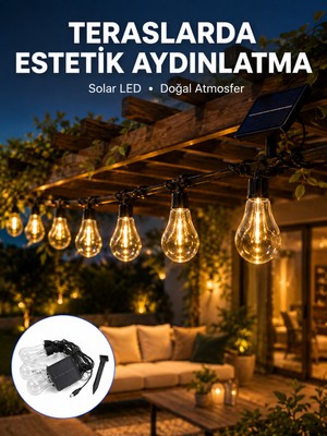 Kaufhier Güneş Enerjili LED Ampul Zincir Işık Sıcak Beyaz Dekoratif Bahçe Aydınlatması