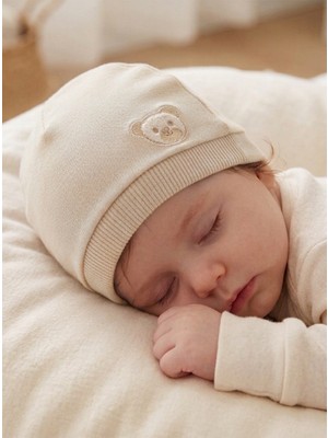 Bambik Kayra Baby %100 Pamuk Küçük Ayıcıklı Nakışlı 0-9 Ay Bebek Beresi Şapkası