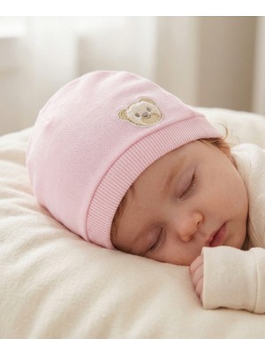 Bambik Kayra Baby %100 Pamuk Küçük Ayıcıklı Nakışlı 0-9 Ay Bebek Beresi Şapkası