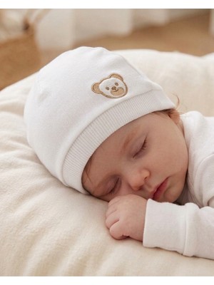 Bambik Kayra Baby %100 Pamuk Küçük Ayıcıklı Nakışlı 0-9 Ay Bebek Beresi Şapkası