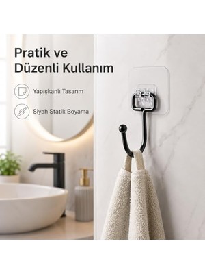 Yapışkanlı Siyah Askılık, Şeffaf Tabanlı Kancalı Banyo ve Mutfak Askısı, Delmeden Montajlı Metal Havlu ve Bez Askılığı (3 Adet Gönderilmektedir)