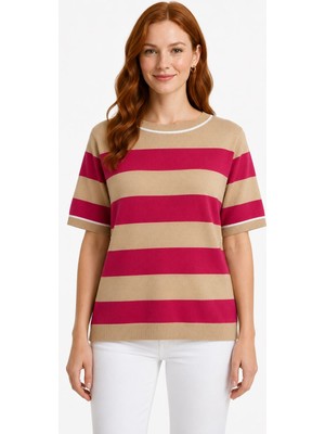 Neden Tekstil Kadın Çizgili Triko Kısa Kollu T-Shirt
