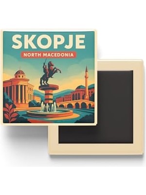 Üsküp Kuzey Makedonya - Makedonya Meydanı - Baskılı Buzdolap Magneti Kare 9x9 cm