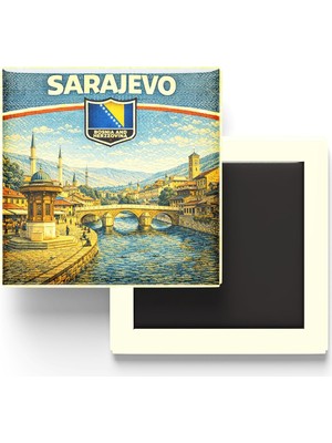 Bosna-Hersek Saraybosna Şehri Temalı Vintage Buzdolap Magneti – 9x9 cm