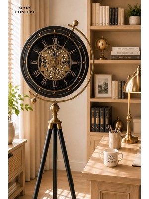 Mars Concept Mat Siyah Metal Çarklı Tripod Saat │altın Siyah Modern Salon Yer Saati , 40 x 153 cm
