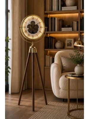 Mars Concept Beyaz Kadran Gold Metal Çerçeveli LED Işıklı Çarklı Tripod Saat │altın Beyaz  Gövde Ahşap Ayaklı Salon Yer Saati , 49 x 169 cm
