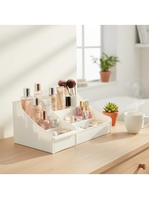 Çekmeceli Beyaz Organizer – Çok Bölmeli Masaüstü ve Makyaj Organizeri, Kozmetik, Ofis ve Banyo Düzenleyici, Dayanıklı Plastik, Modern Tasarım