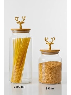 Yakestore 2’li Altın Metal Geyik Figürlü Bambu Kapaklı Cam Kavanoz – Saklama Kabı 1400ML + 890 ml