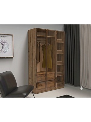 dolapmodellericom Cam 3 Kapılı Dolap 2 Çekmeceli 4 Raflı Içi Komple Mdf