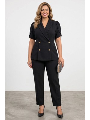 Zishan Fashion Kadın Büyük Beden Likralı Viskon Abiye Takım Kruvaze Ceket Pantolon 2'li Set 034
