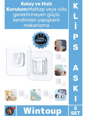 Wintoup #askışeffaf Yapışkanlı Çok Amaçlı Sağlam Duvar Montaj Ürün Geçmeli Klips Eşya Sabitleme Askısı 5 Set