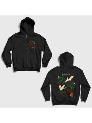 Presmono Unisex Siyah Pine Tree Crane Birds Ukiyo Japan Sırt Baskılı Fermuarlı Kapüşonlu Sweatshirt