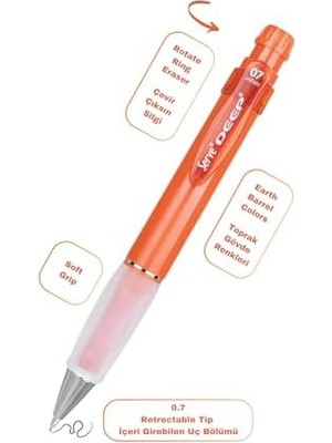 Yakestore Versatil Kalem 07MM- Toprak Tonları - Yedekli Set (Grip ve Silgi) Kiremit