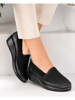 Emil Shoes Içi Deri Siyah Kadın Ortopedik Günlük Ayakkabı Taş Işlemeli Comfort Model