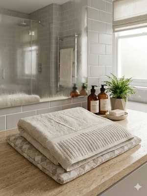 Erca Home Tekstil Ürünleri %100 Pamuklu Kalın Çizgili Çok Şık ve Yumuşak Banyo Havlusu / Bej