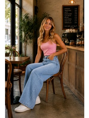 Hies Buz Mavisi Renk Jeans, Likralı Esnek Yüksek Bel Bol Paça Palazzo Salaş Kot Pantolon