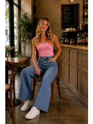 Hies Mavi Renk Jeans, Likralı Esnek Yüksek Bel Bol Paça Palazzo Salaş Kot Pantolon